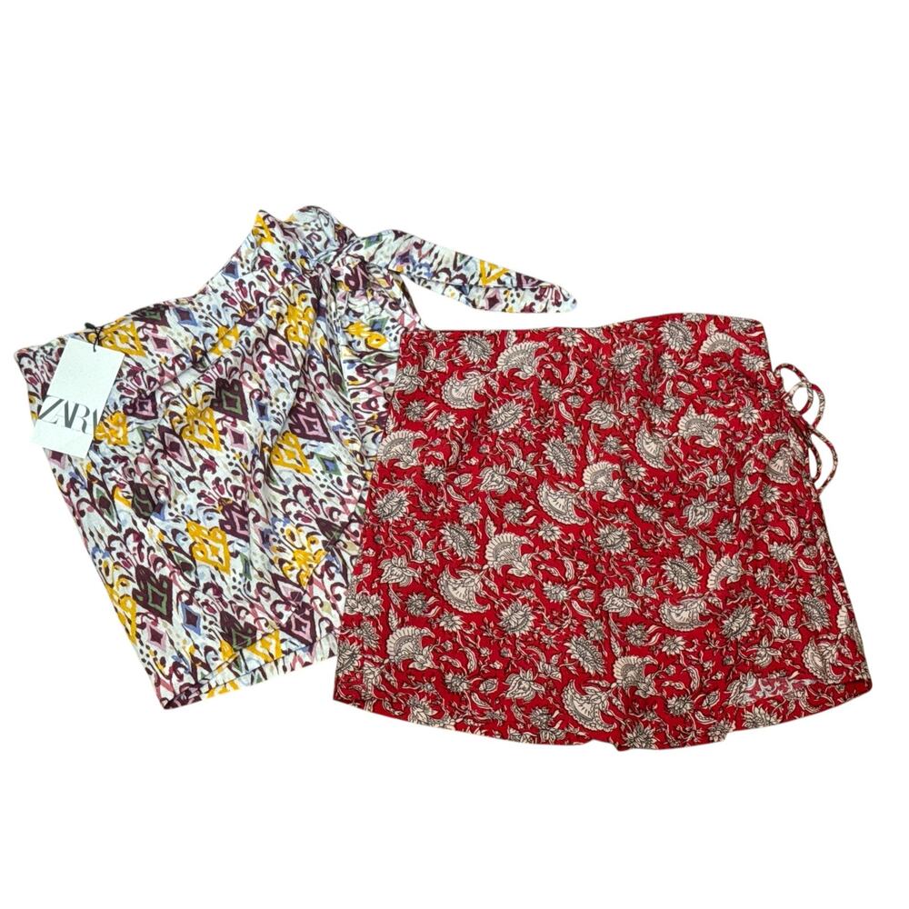 NEW Zara Floral Wrap Skirt Bundle 2 Items Red Yellow Skort Womens Small Pareo - Picture 13 of 13